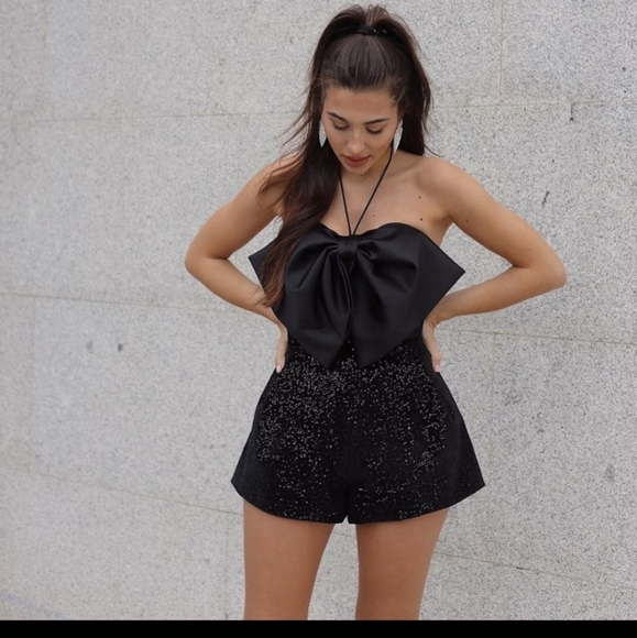 Gorgeous Zara Black Bow Trim Sequin Jumpsuit - Picture 13 of 14